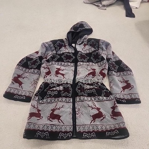 Vintage  Wool Woolrich Fleece Jacket - Hooded Long Coat - XMAS Deer Women M/L - Picture 2 of 7